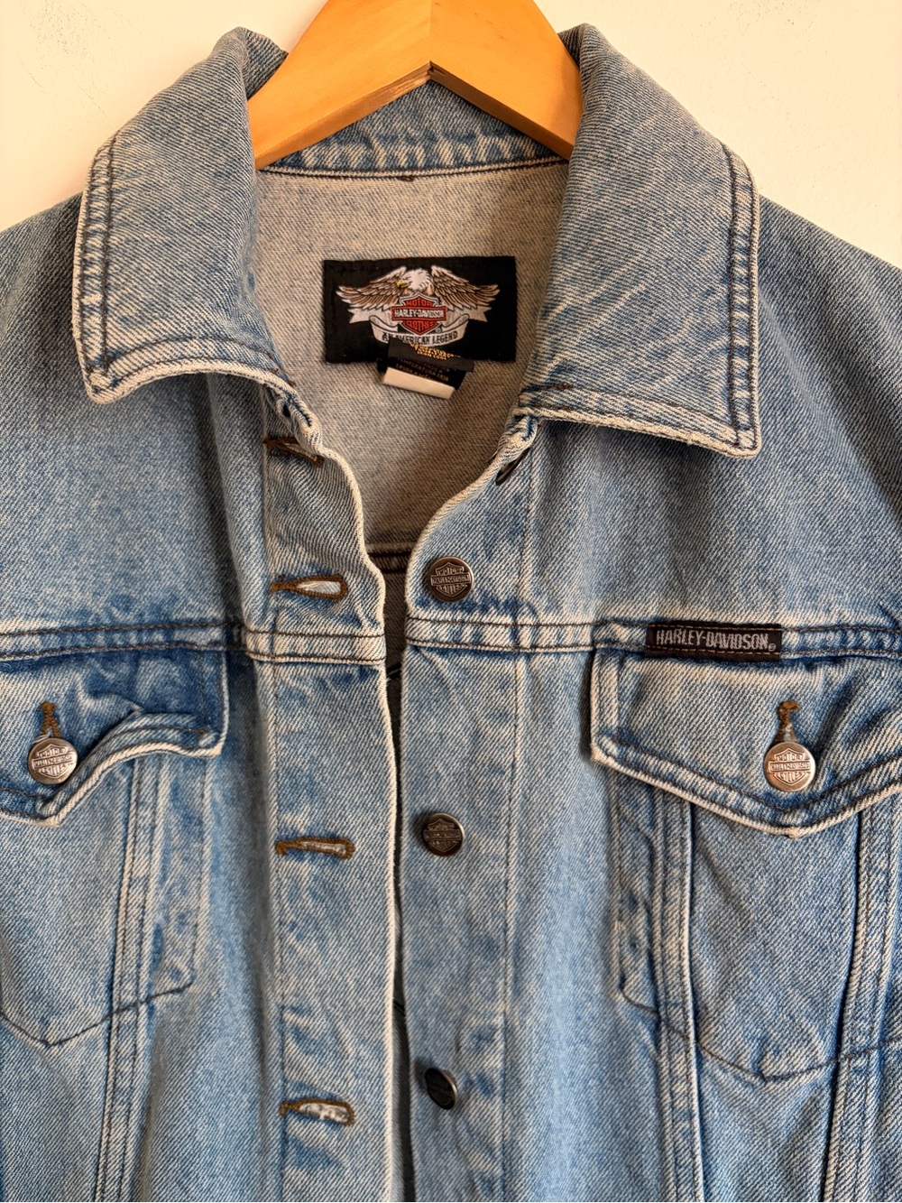 Vintage Harley Davidson 90s Light Blue Denim Vest Jacket S Unisex - Picture 5 of 11